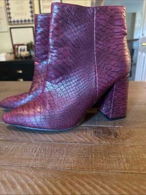 ShuShop Purple Snakeskin-Texture Block Heel Ankle Boots